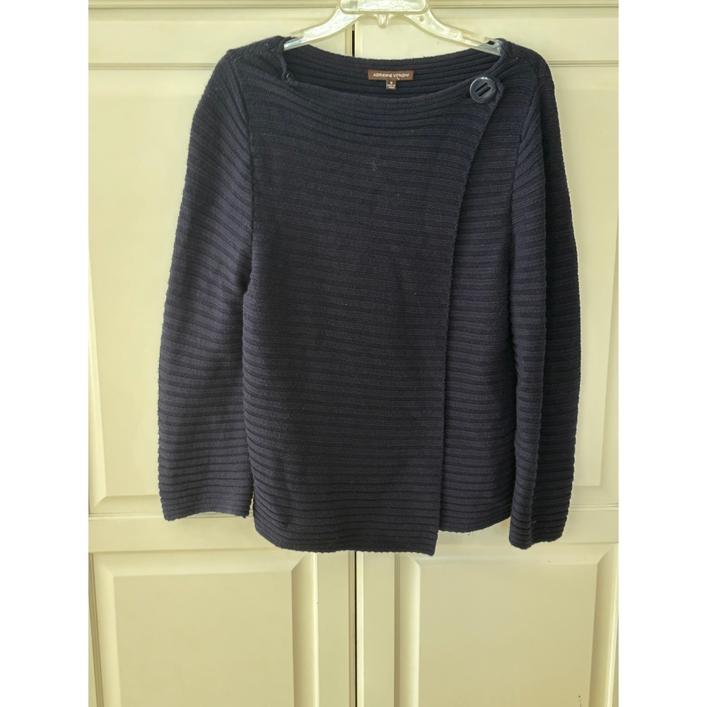 Adrienne Vittadini Womens Navy Blue Ribbed Asymmetrical Button Wrap Sweater‎ M
